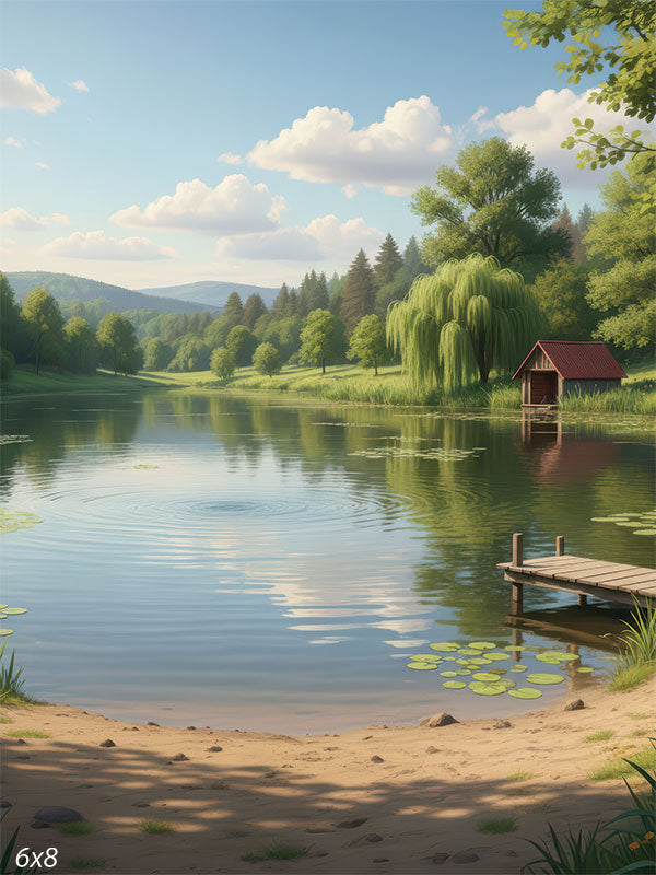 A studio background showing a calm lake with a wooden dock and sandy beach. A red boathouse sits under a willow tree on the far bank
