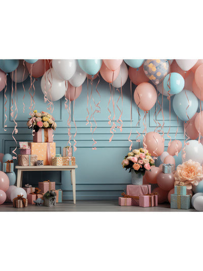 Peach Balloon Bliss Cake Smash Backdrop - Whimsical cake smash backdrop with peach, blue, and white balloons, presents, and floral arrangements, creating a festive celebration scene.