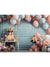 Peach Balloon Bliss Cake Smash Backdrop - Whimsical cake smash backdrop with peach, blue, and white balloons, presents, and floral arrangements, creating a festive celebration scene.