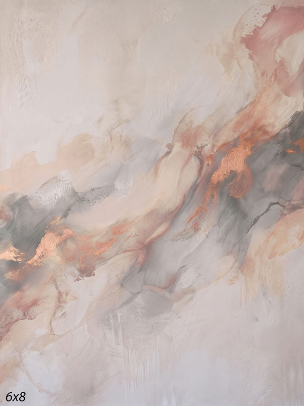 Printed photography backdrop showing pale pearl blush with copper streaks, a soft mottled painterly texture with gentle tonal movement.