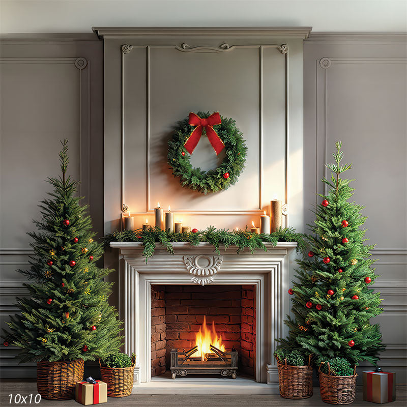 Pearl Hearth elegant gray fireplace with Christmas trees and red wreath backdrop CP-8925