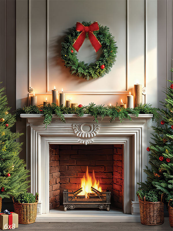 Pearl Hearth gray carved mantel fireplace Christmas wreath candles backdrop CP-8925