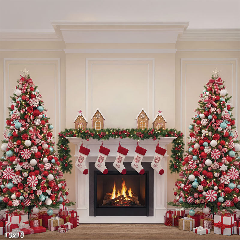 Peppermint Dreams candy-themed fireplace with decorated trees stockings and gingerbread mantel backdrop CP-8931