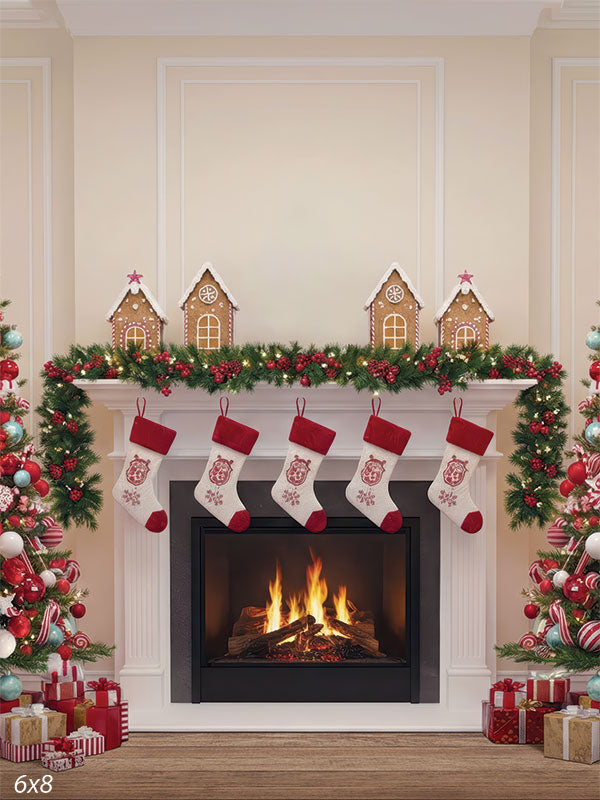 Peppermint Dreams cream fireplace Christmas stockings gingerbread houses peppermint trees backdrop CP-8931