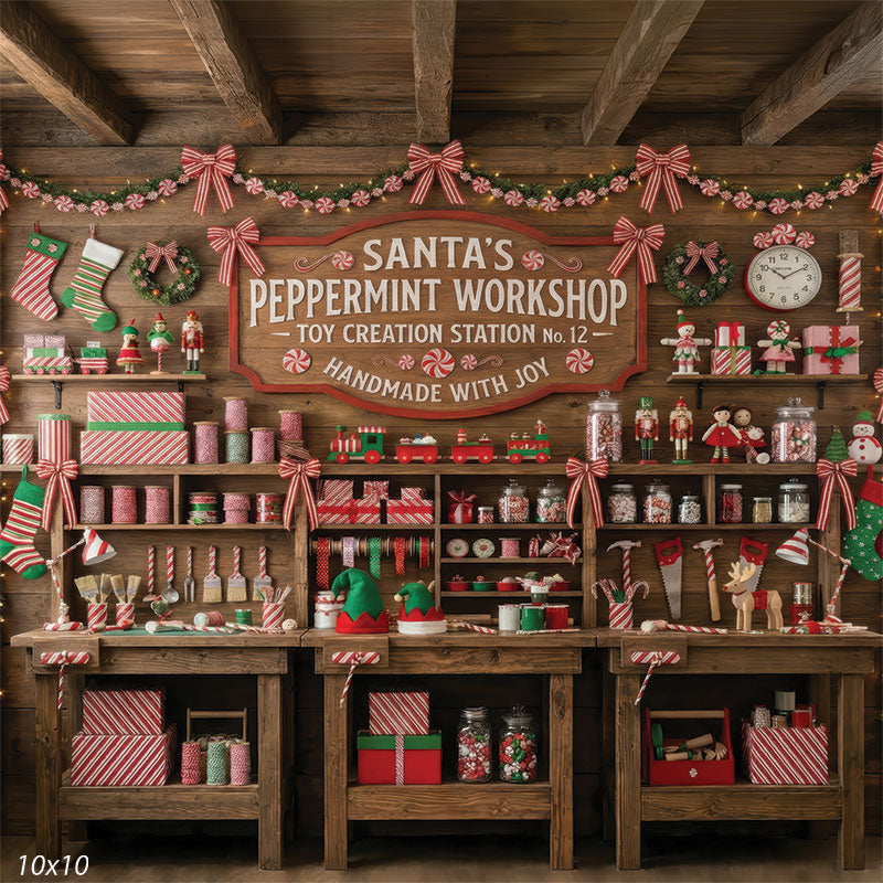 Peppermint Hollow peppermint workshop toy station nutcracker candy jars festive holiday backdrop CP-8912