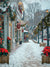 Picturesque Christmas Village Street Backdrop - Picturesque winter village street decorated for Christmas with festive garlands, wreaths, twinkling lights, poinsettias, and lightly snow-covered ground and rooftops, creating a cozy and inviting holiday ambiance.