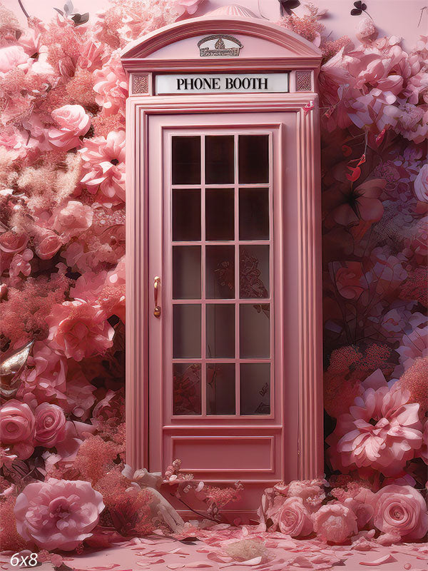 Pink Floral Phone Booth Photography Backdrop - A pink British-style phone booth surrounded by lush pink flowers, used as a photography backdrop for romantic and whimsical photoshoots.