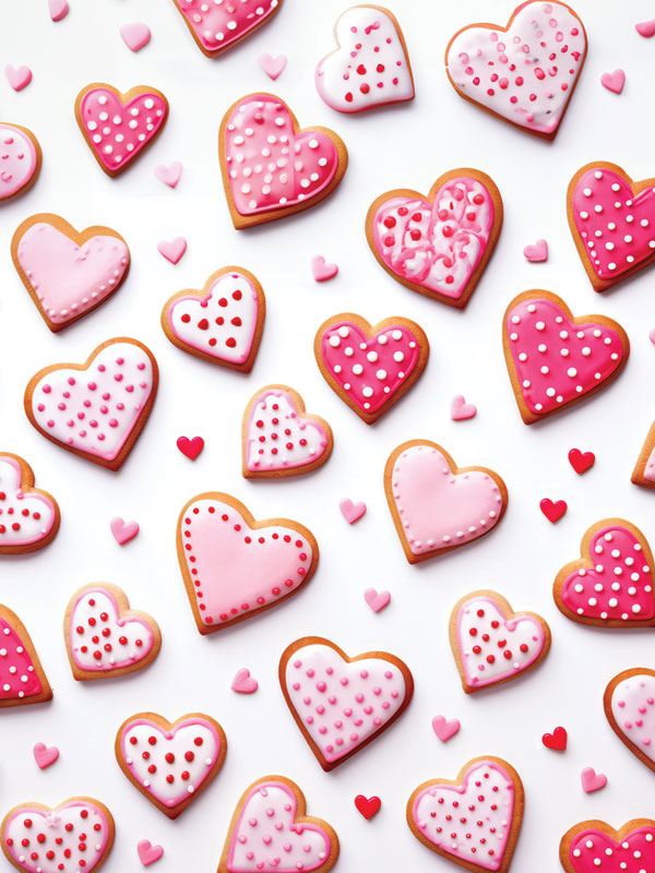 Pink Heart Cookies Photography Backdrop - Photography backdrop featuring heart-shaped cookies decorated with pink and red icing on a white background.