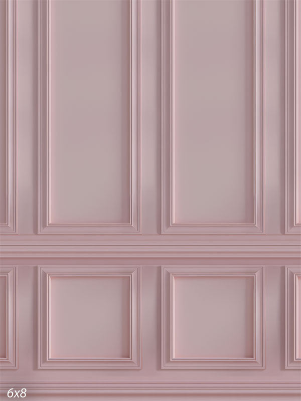 Pink paneled wall photography backdrop featuring realistic architectural molding, soft pink tones, and a classic faux wall design. Available in multiple sizes.