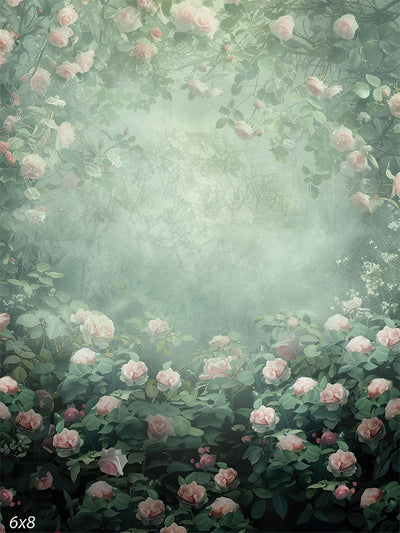 Soft green and pink rose garden photography backdrop with delicate roses and foliage, perfect for professional portrait and romantic photoshoots.