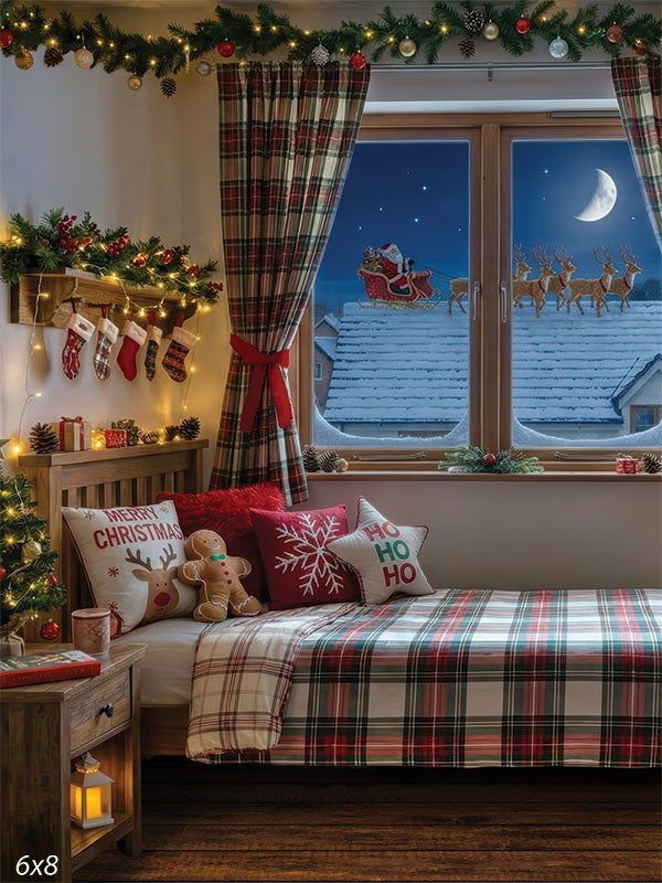 Plaid Dreams Christmas bedroom plaid bedding holiday pillows Santa sleigh window view backdrop CP-8922