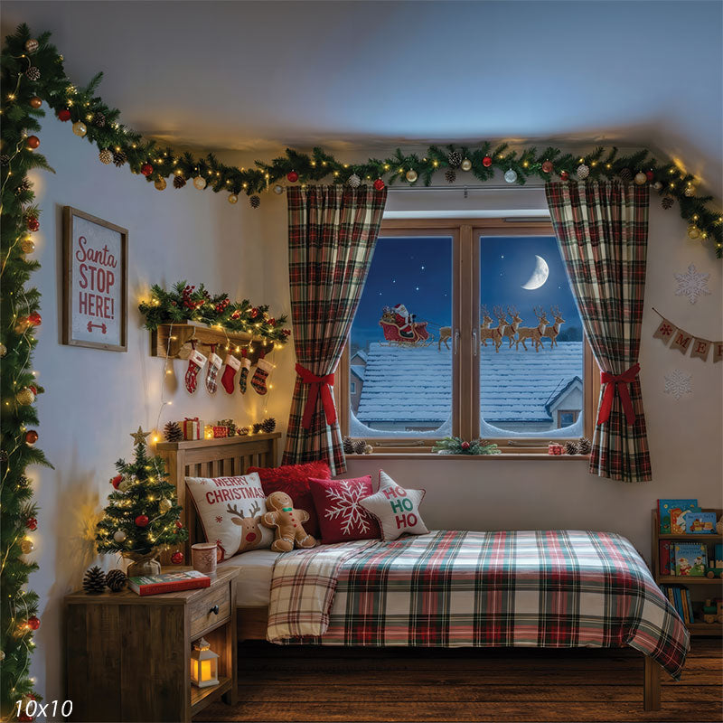 Plaid Dreams cozy Christmas Eve bedroom plaid bedding stockings Santa sleigh moonlit sky portrait backdrop CP-8922