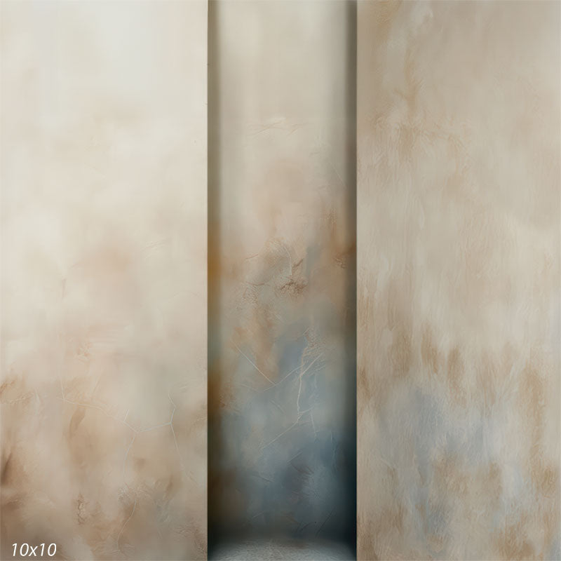 Photography backdrop showing abstract plaster textures in neutral earth tones and muted blue.