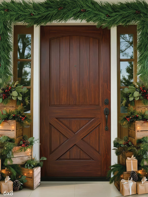 Porch Noel dark wood farmhouse door Christmas garlands side windows wrapped porch gifts backdrop CP-8919