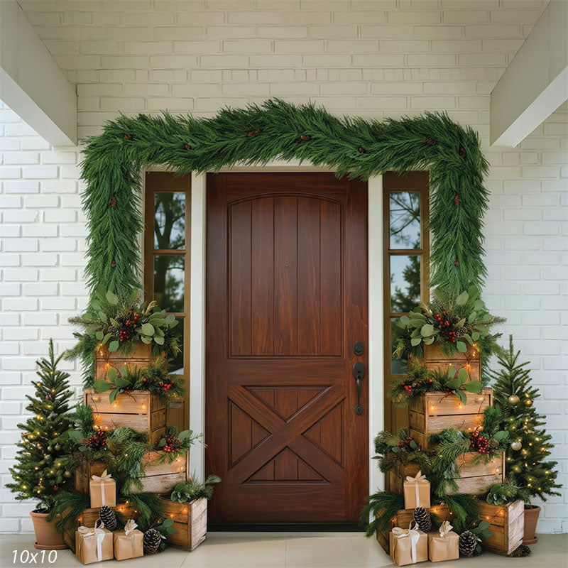 Porch Noel elegant Christmas farmhouse entry arched dark wood door garland wrapped gifts holiday portrait backdrop CP-8919