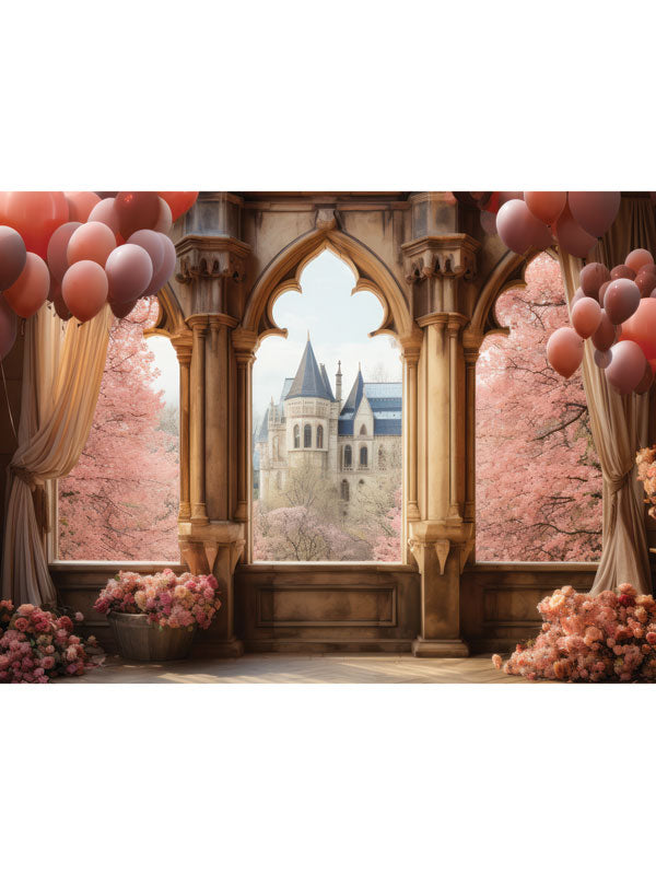 Princess Castle View Balloon Backdrop - Majestic stone castle backdrop with pink and peach balloons, framed by an arched window, perfect for cake smash and children's photoshoots.