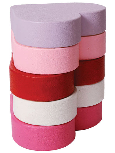 A stackable heart-shaped photography prop in red, pink, and white, designed for newborn, maternity, and portrait photography.