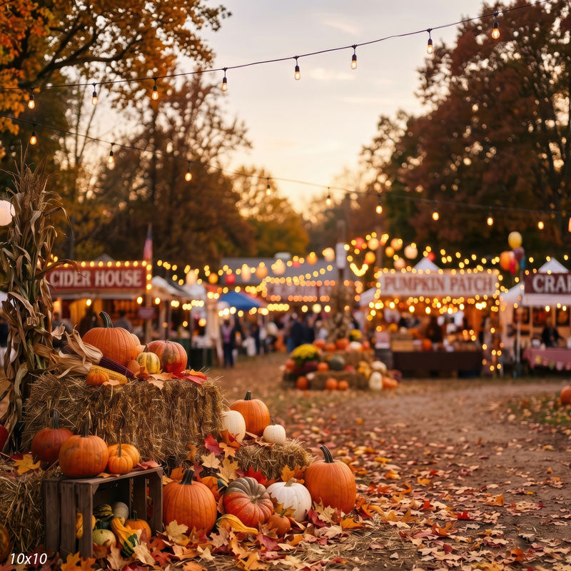 Pumpkin Row pumpkin festival hay bales and string lights wide scene backdrop CP-9026