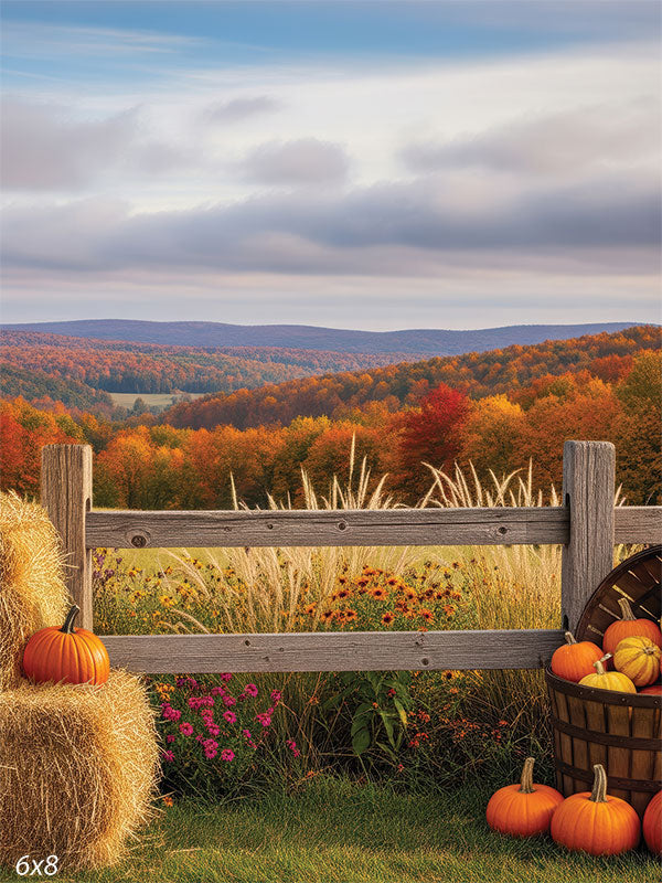 A rustic autumn backdrop featuring hay bales, pumpkins, a wooden fence, and rolling hills covered in colorful fall foliage.