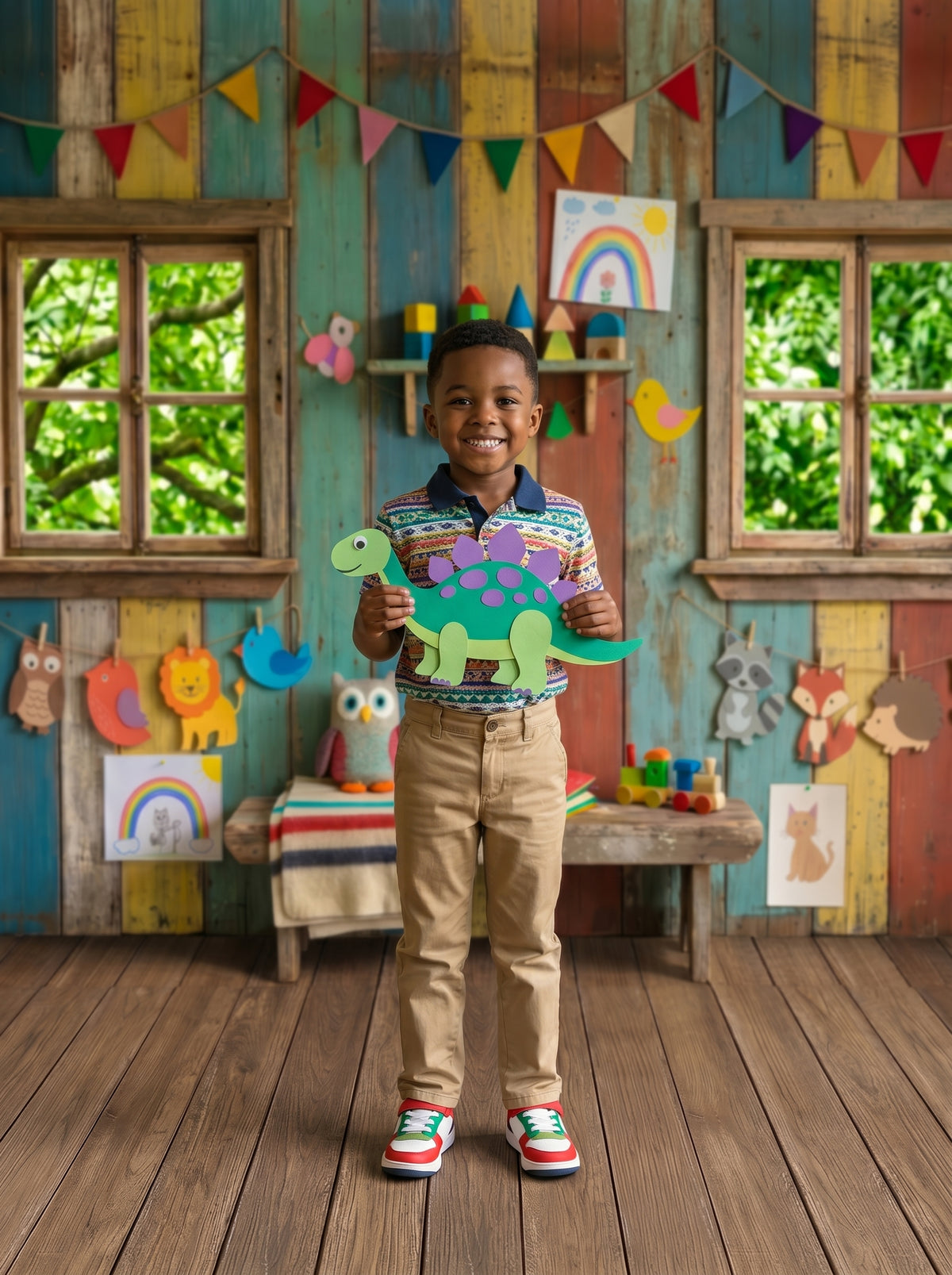 Rainbow Clubhouse colorful wood plank playroom photography backdrop with rustic windows and bunting, shown in a styled studio setup with a young boy holding a paper dinosaur craft CP-8976