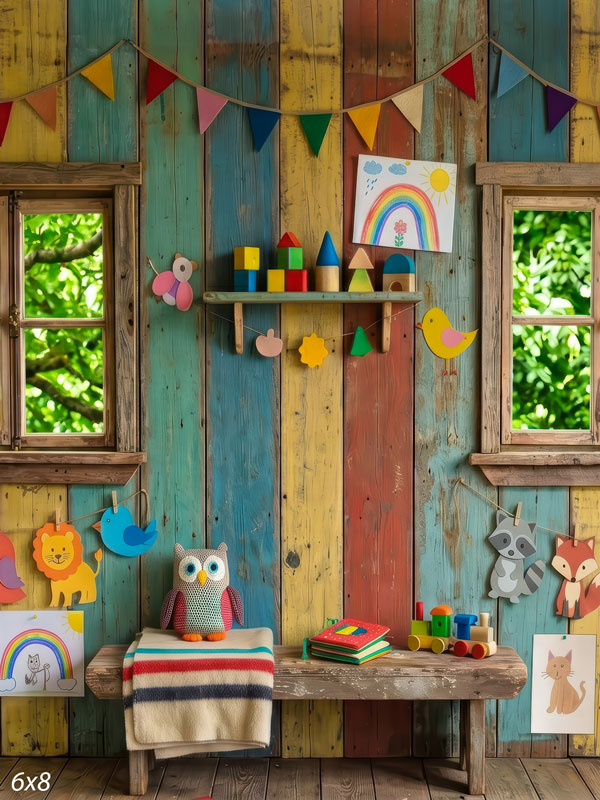 Rainbow Clubhouse colorful wood playroom with window light photography backdrop CP-8976