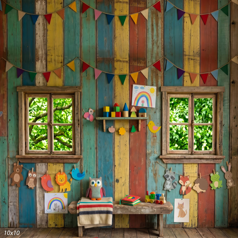 Rainbow Clubhouse rainbow plank playroom bench and toys wide scene backdrop CP-8976