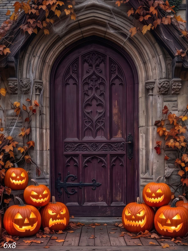 Cobwebbed Gothic arched wooden door in weathered stone with autumn ivy and glowing jack-o'-lanterns at the base, a haunted Halloween photography backdrop.