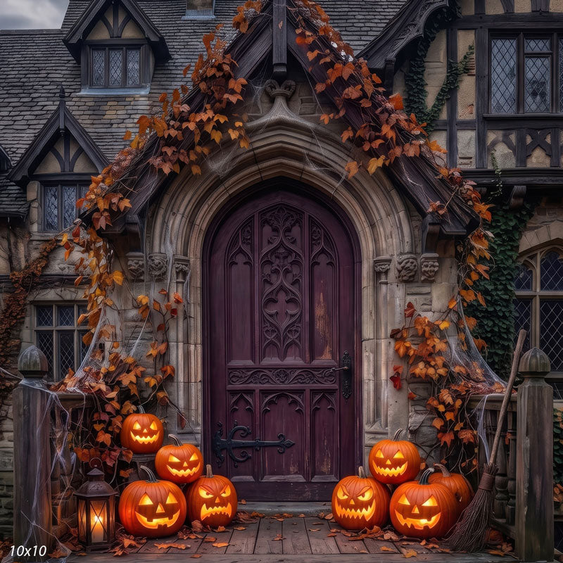Wider view of the haunted Gothic doorway, showing more of the stone, ivy, and clustered jack-o'-lanterns, a Halloween photography backdrop.