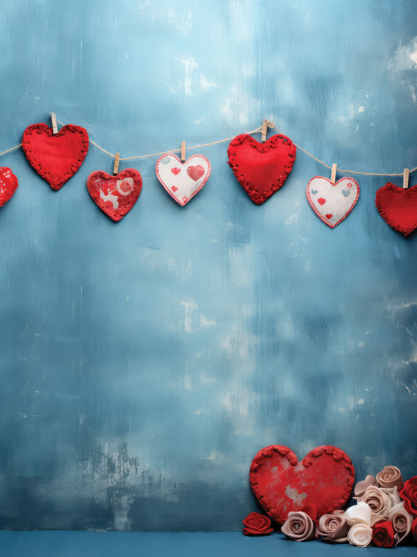 Red Heart Garland Photography Backdrop - Photography backdrop featuring a garland of red and white hearts strung across a textured blue background.