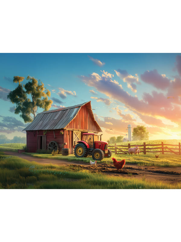 Red Tractor and Barn Cake Smash Backdrop - Farm scene with red tractor, barn, and chickens at sunset, ideal for rustic-themed cake smash and children's photoshoots.