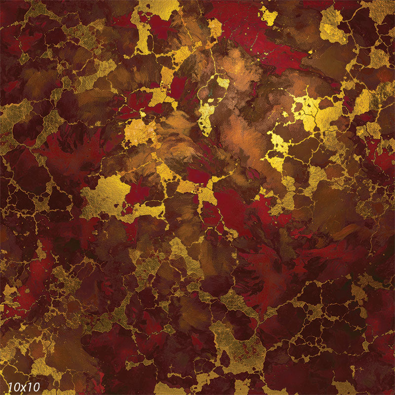 Printed studio background featuring rich red and brown pools with scattered gold metallic-style cracks and patchwork veining across an abstract surface. The pattern provides bold texture behind a subject.