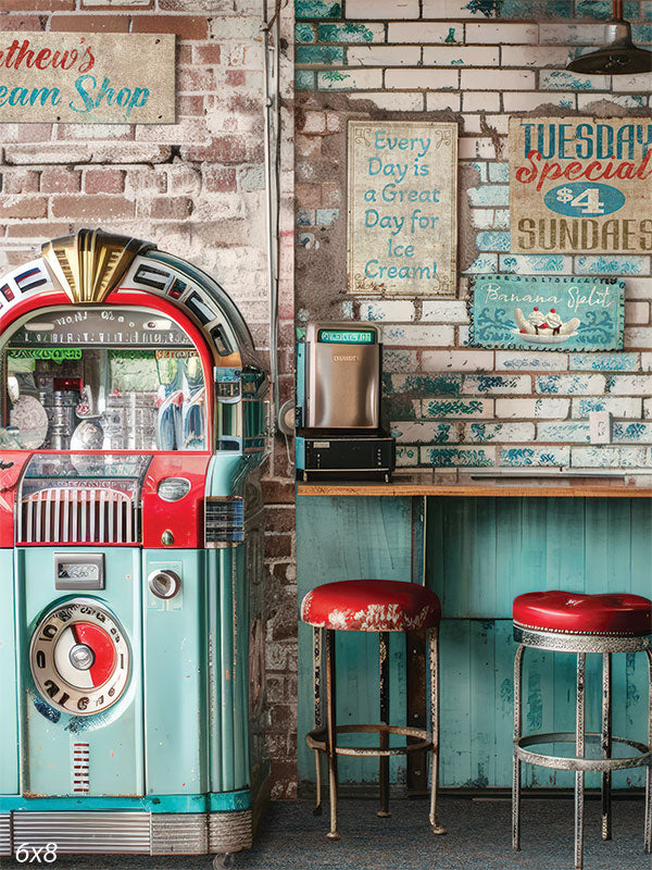 Retro Ice Cream Parlor Photography Backdrop - Vintage ice cream parlor photography backdrop featuring retro signs, a jukebox, and bar stools in vibrant colors, perfect for nostalgic photoshoots.