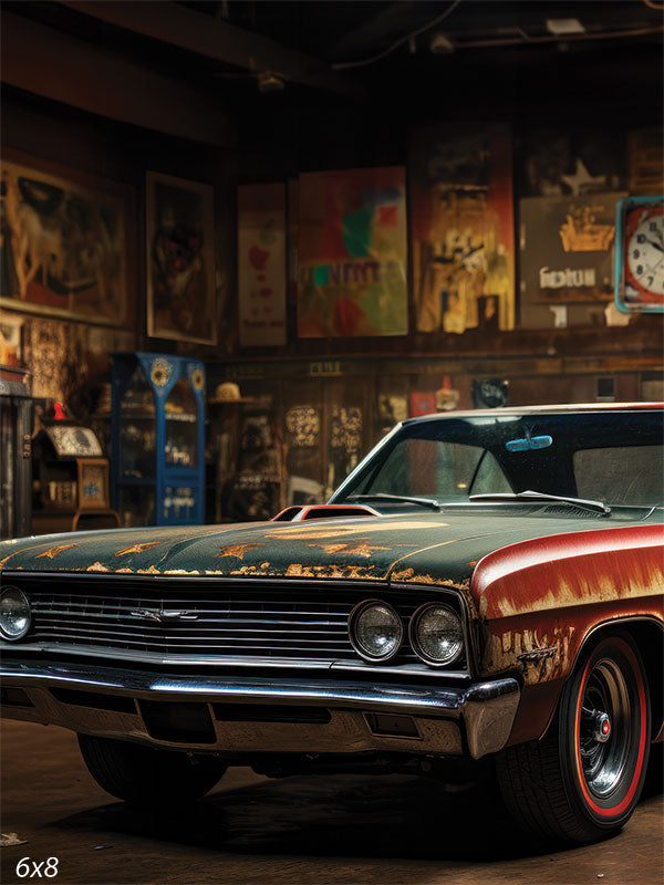 Retro Muscle Car Garage Photography Backdrop - A vintage muscle car with a weathered paint job set against an eclectic garage interior, used as a photography backdrop for retro and automotive-themed shoots.