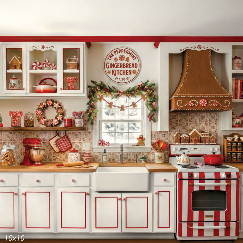 Retro gingerbread kitchen red white candy decor Peppermint Kitchen sign backdrop CP-8911