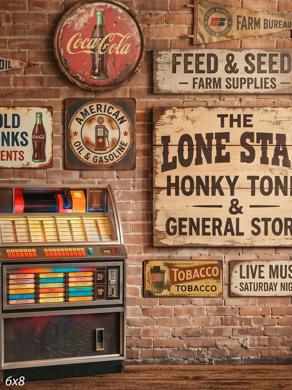 Glowing retro jukebox against a red-brick wall covered in vintage-style advertising signs over a plank floor, a retro photography backdrop.