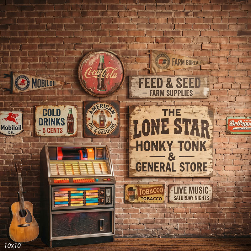 Wider view of the roadhouse wall showing a leaning acoustic guitar and more vintage signs across the brick, a retro photography backdrop.