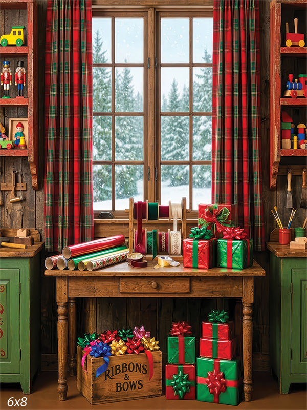 Ribbon Noel Christmas gift wrapping station ribbons bows snowy window holiday backdrop CP-8914