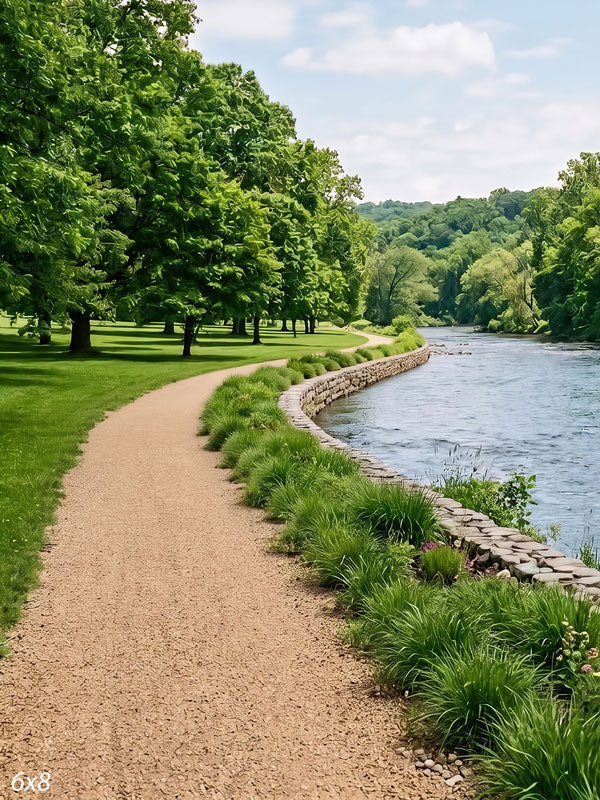 Gravel path along a calm river edged by a low stacked-stone wall and grasses with shade trees and a wooded far bank, a scenic photography backdrop.