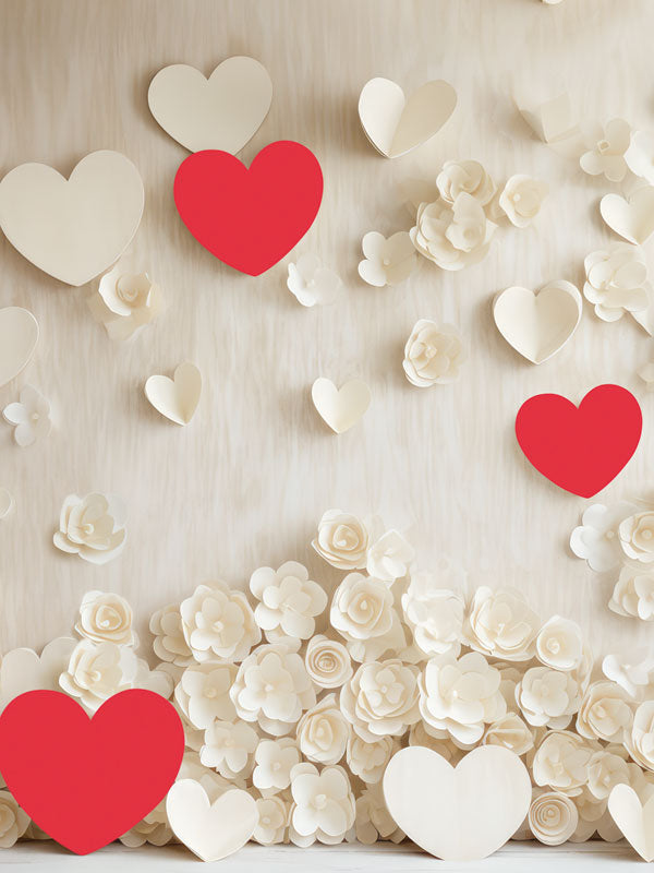 Romantic Heart and Flower Photography Backdrop - Photography backdrop featuring red and white hearts alongside delicate cream-colored paper flowers against a soft, textured background.