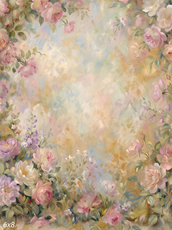 Lush old-master-appearance floral dense with pink and cream roses around a warm pastel center, a fine-art photography backdrop.