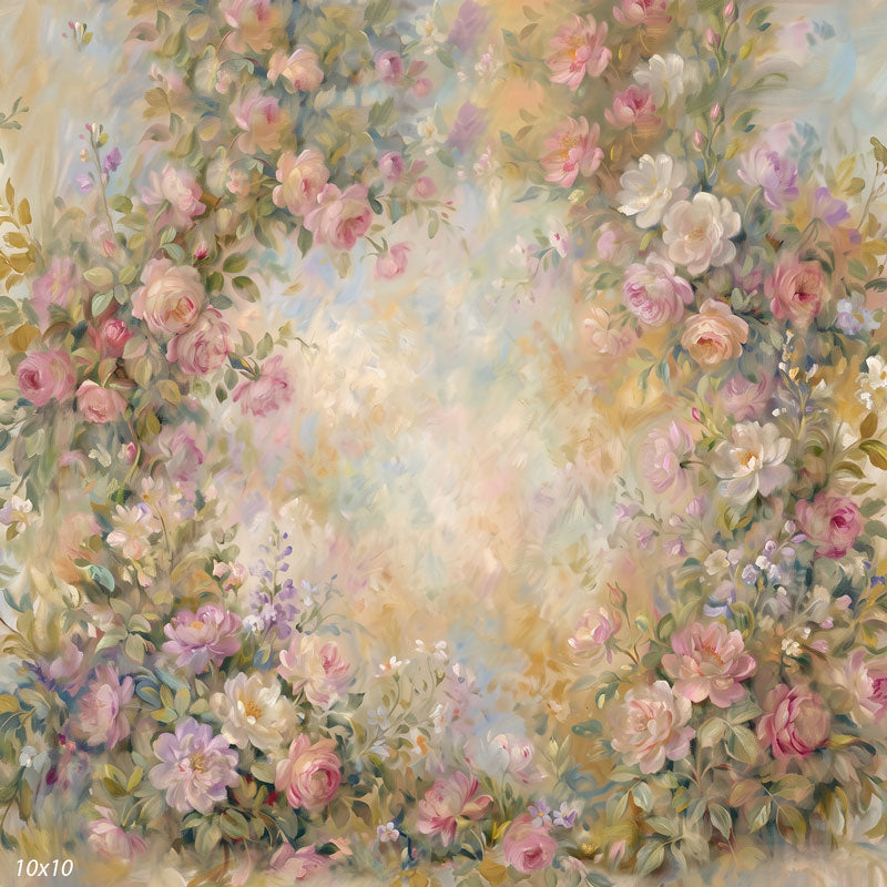 Wider view of the pastel rose backdrop showing more roses, foliage, and the soft glowing center, a fine-art photography backdrop.
