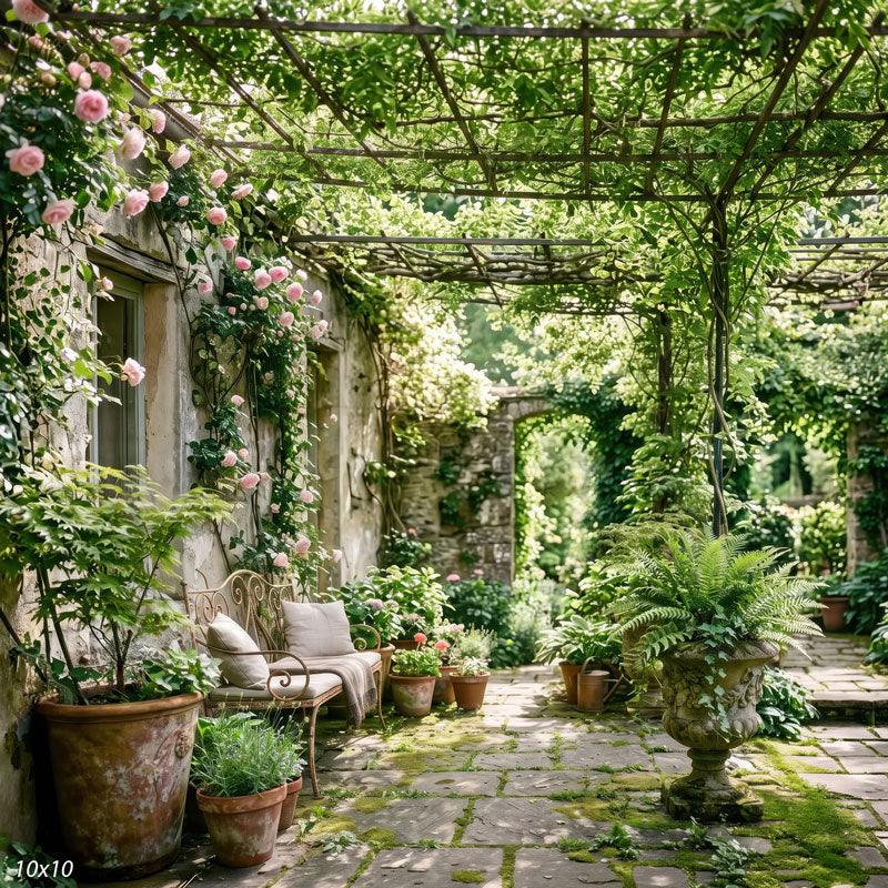 Wider view of the garden courtyard showing more of the pergola, a large fern-filled stone urn and the arched doorway into the garden beyond, a scenic photography backdrop.