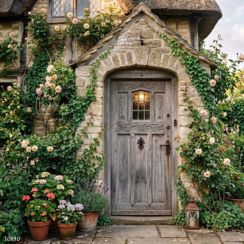 Wider view of the stone cottage entry showing the thatched roofline, upper window and more of the climbing roses, a garden photography backdrop.