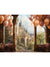 Royal Castle Balloon Wonderland Backdrop - Majestic castle terrace backdrop with peach-colored balloons and pink flowers, perfect for cake smash photoshoots and fairytale-themed celebrations.