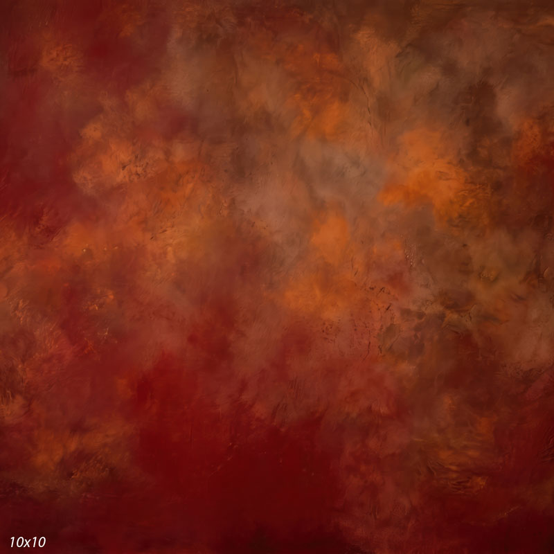 Printed studio background showing a painterly mottled rust red texture with a lighter center that deepens toward the edges.