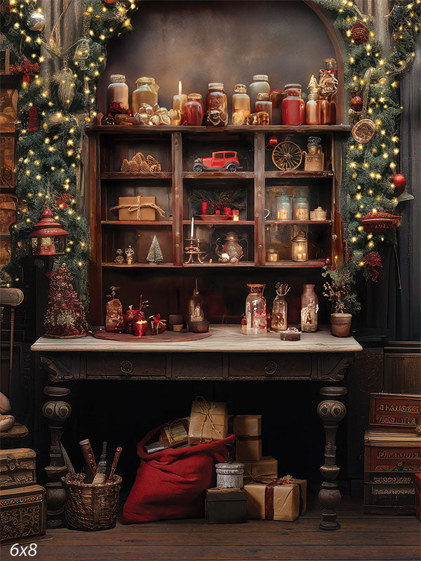 Rustic Holiday Charm Christmas Workshop Photography Backdrop - Rustic holiday charm photography backdrop with festive decorations, perfect for Christmas photoshoots.