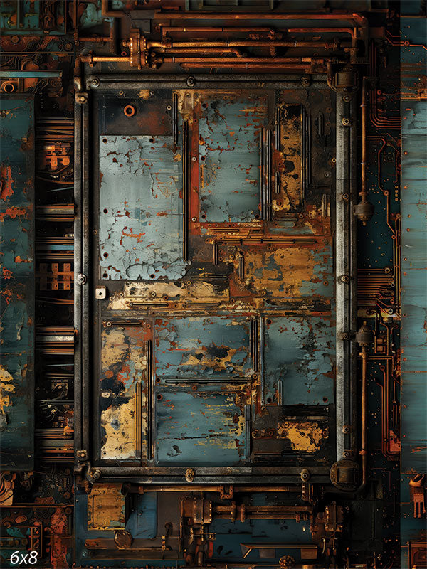 Rustic Industrial Panel Photography Backdrop - A richly textured arrangement of weathered metal panels and mechanical components, used as a photography backdrop for industrial-themed shoots.