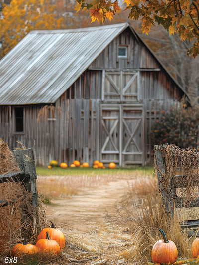 Rustic Pumpkin Patch Barn Photography Backdrop - Photography backdrop featuring a rustic barn with a pumpkin-lined pathway and golden autumn foliage.