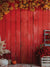 Rustic Red Barn Fall Photography Backdrop - Photography backdrop featuring a rustic red barn wall with autumn decorations including foliage and pumpkins.