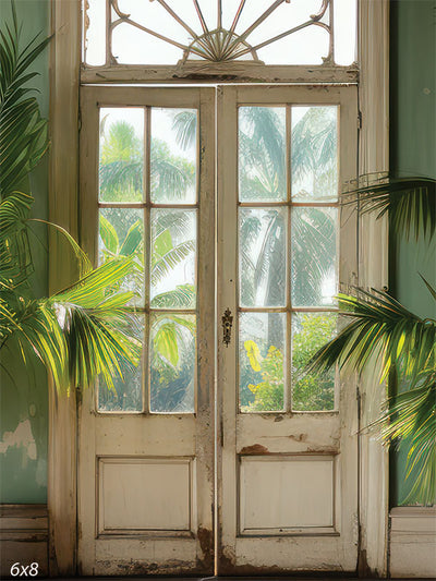 Rustic Tropical Door Photography Backdrop - Rustic tropical door photography backdrop featuring a vintage door with distressed paint framed by lush tropical palms.